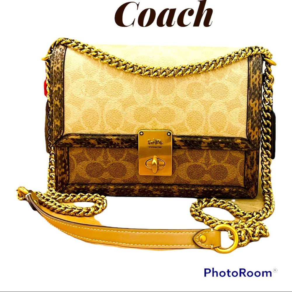COPY - NWT Coach Hutton Shoulder Bag In Blocked Signature Canvas Tan San/Brass …